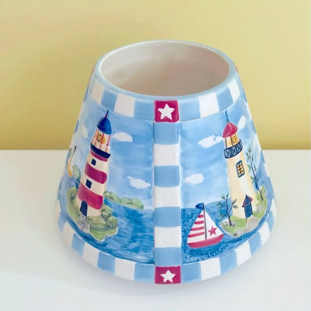 Vtg 1998 Yankee Candle Ceramic Jar Shade Topper Lighthouse Coastal Breeze